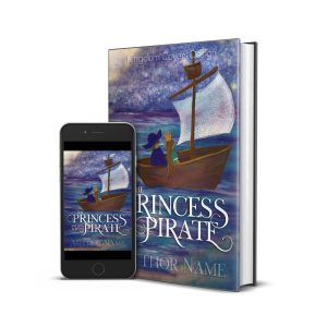 princess pirate in a boat on the sea illustrated premade book cover