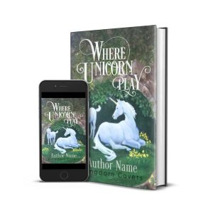 unicorn mom and baby in fantasy landscape children's premade book cover